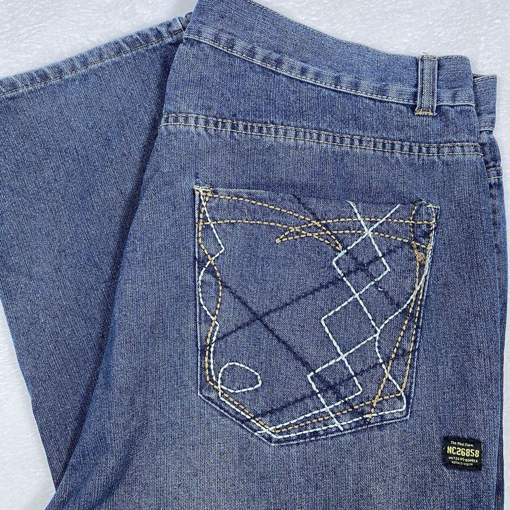 Phat Farm Men's Straight Leg 46x34 Blue Denim Jeans Embroidered Pockets Y2K